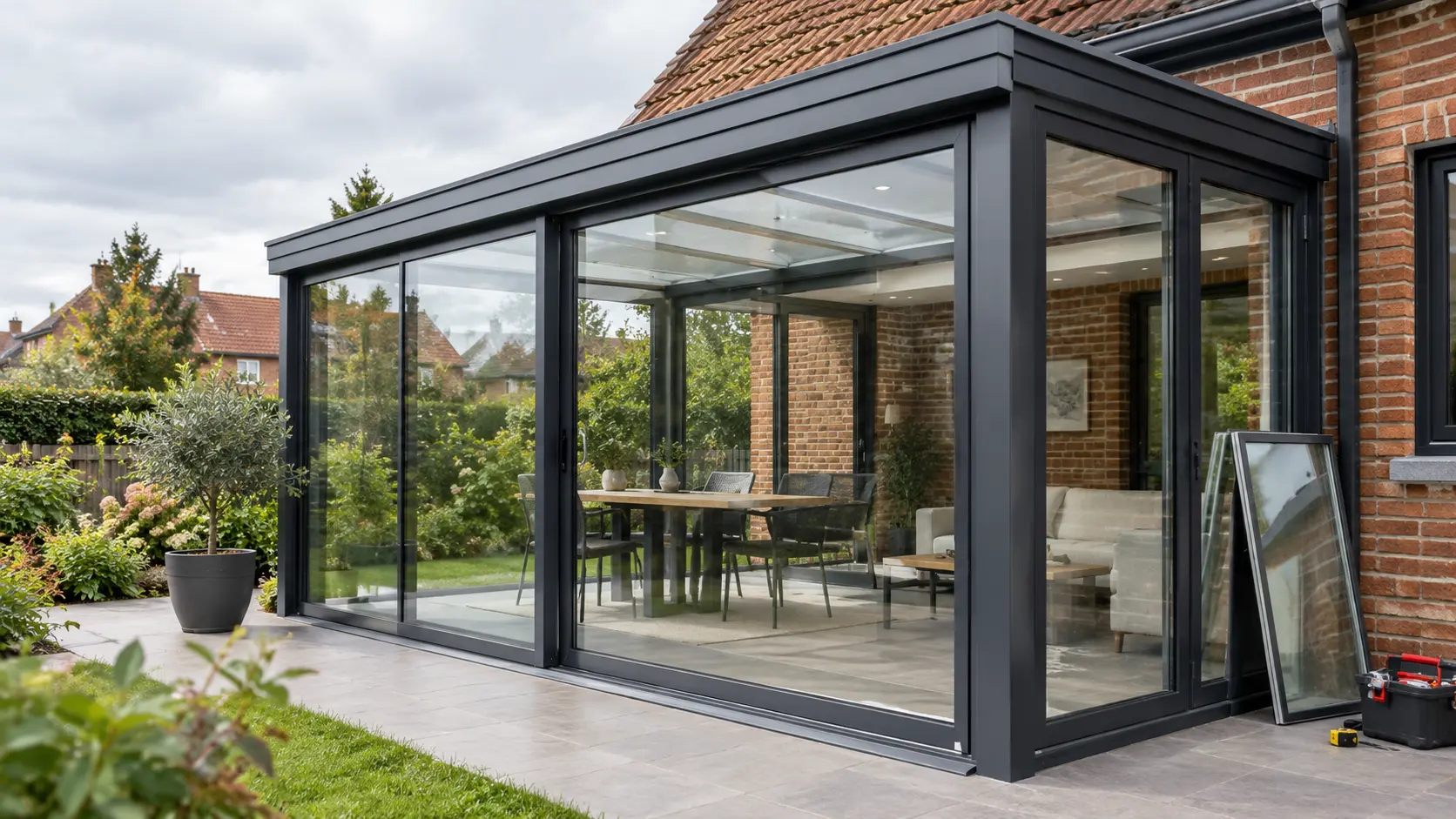Véranda moderne vitrée au jardin